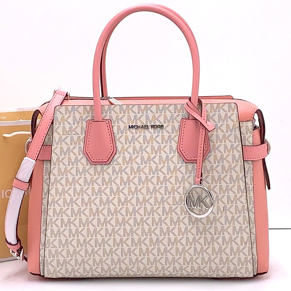 MICHAEL KORS MERCER MEDIUM TOP ZIP BELTED SATCHEL PRIMROSE VANILLA SIGNATURE - Picture 2 of 16